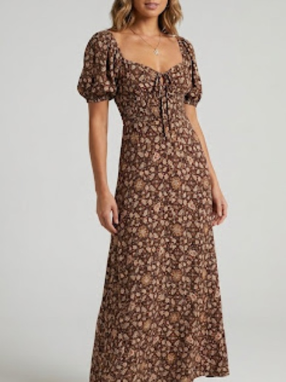 Spell Brown Floral Maxi Dress with Puff Sleeves